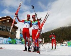 U.S. skiers Bill Demong and Johnny Spillane win gold and silver in Nordic Combined, VANOC Photo.