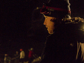 Ross Powers judging a freestyle competition for skiers and riders last winter.
