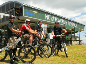 Mountain bikers get set to hit the trail at Gore Mountain.