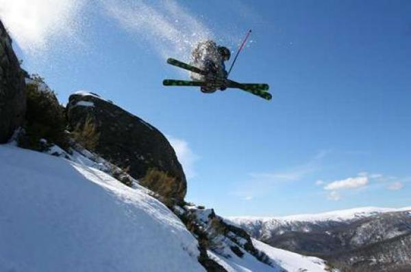 Ski pro Steve Leeder, catching air at Falls Creek. Photo by Chris Hocking.