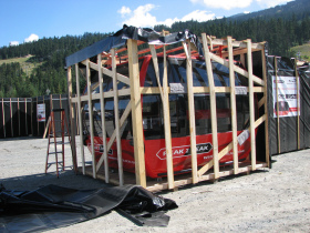 One of the freshly-unwrapped Peak2Peak gondola cars being unloaded at Whistler Blackcomb, B.C.