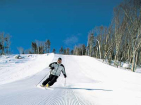Skier cruises down the corduroy at Bretton Woods.