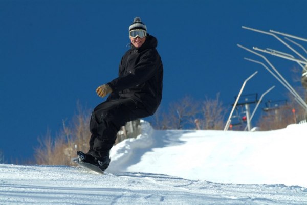 A snowboarder on the slopes of Hunter Mountain.