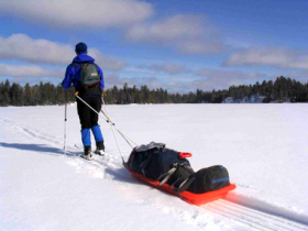 A pulk sled is often used in Scandanavia by families on ski trips to carry children.