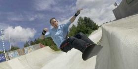 A boarder on the (synthetic) halfpipe at Sheffield Ski Village, Yorkshire.