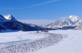 Queue of cross-country skiers in St. Moritz.