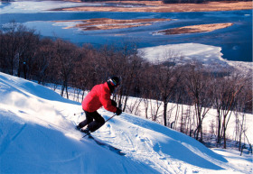 The Mississippi River offers a scenic backdrop for Chestnut Mountain skiers and riders.