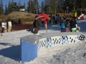 A snowboarder jibs at Boreal Jibassic Pro Invitational Oct. 25, 2008.