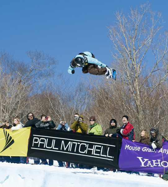 Kelly Clark flies above the crowd at Killington. Photo by Roger Leo.