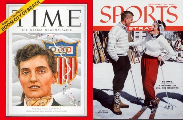 Andrea Mead Lawrence on the covers of Time magazine Jan. 21, 1952 and Sports Illustrated Dec. 19, 1955.