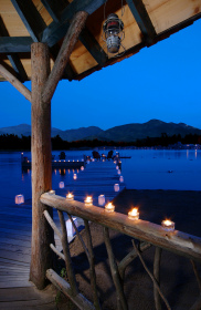 Mirror Lake Inn dock in evening.