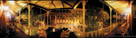 The Inn at Jim Thorpe porch, illuminated for night.