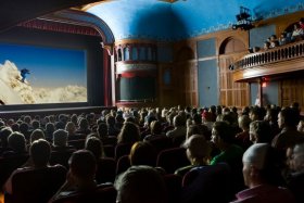 Audience at Aspen Filmfest's Wheeler Theatre watching a ski movie.