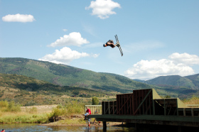 Penn Lukens pulls a double back flip at Steamboat's water ramps.