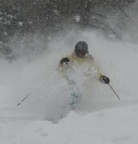 Skier in powder at Solitude.
