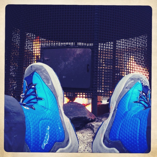 Roasting my boots at the outside firepit post snowboarding