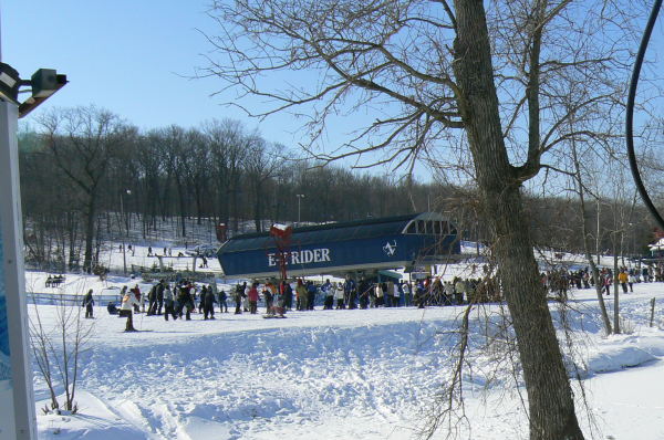 This is how the lines get crowded for the two quads going to the double diamond slopes in the middle.