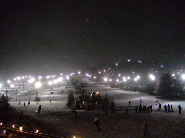 Bear Creek, at night, snowing