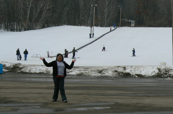 This is the beginners slopes with the Pete's Dragons or Magic Carpets by the lower Devil's Playground slope (green run). View from the parking lot. You can run into the parking lot if you don't know how to stop with your skis or snowboards. 