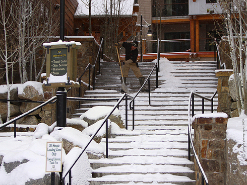 Snowing at Crested Butte Mountain Resort!      : : : : : : : : : : : :   
Good Morning . . . Wednesday’s shot is of Lyle Hersberger, Crested Butte Mountain Resort’s head groundskeeper working on the Lodge at Mountaineer Square steps.  Lyle’s traded in his lawn mowers for snow removal equipment . . . welcome to shovel season!      : : : : : : : : : : : :   
Snow showers tapered off around darkfall on Tuesday and we have snow flurries and overcast skies today.  The forecast is still calling for steady snowfall through Thursday with seven to fifteen inches possible.  Looks like it’ll be a white Halloween!  
    : : : : : : : : : : : :   Have a snowy day out there!  
