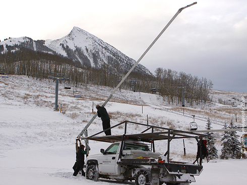 Snowmaking’s Ready to Go! : : : : : : : : : : : :
Friday’s third shot is of the snowmaking crew setting up a gun in the base area. Snowmaking is scheduled to begin on Halloween at midnight! From there the race will be on to get as much ground covered before November 25th, opening day.
: : : : : : : : : : : : Have a really good Halloween out there and we’ll see you next week!